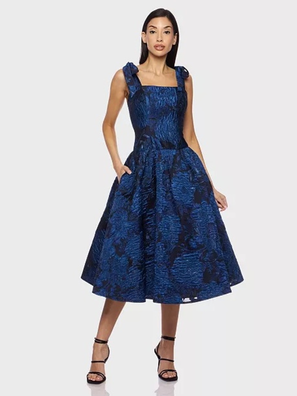 Square-Neck Blue Floral Jacquard Midi Dress _ junior size 1/2
